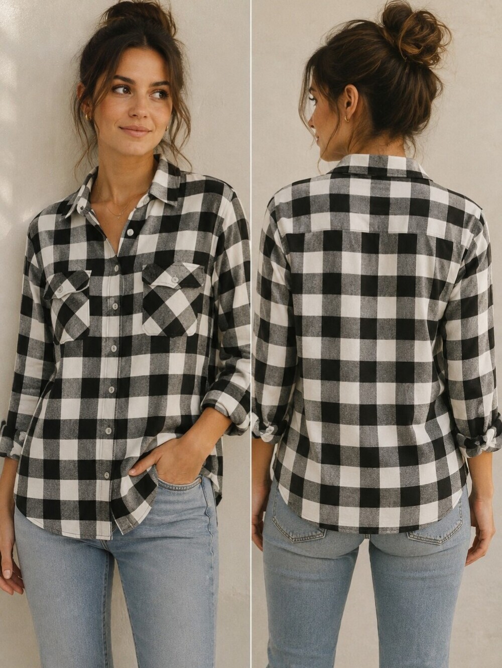 EDDIE BAUER Women's Black/White Plaid Long Sleeve Button Down Flannel Shirt sz S